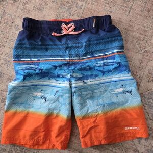 Gerry Boys Swim Trunks Board Shorts Sz Large 14-16 Blue Orange Sharks Lined Ties